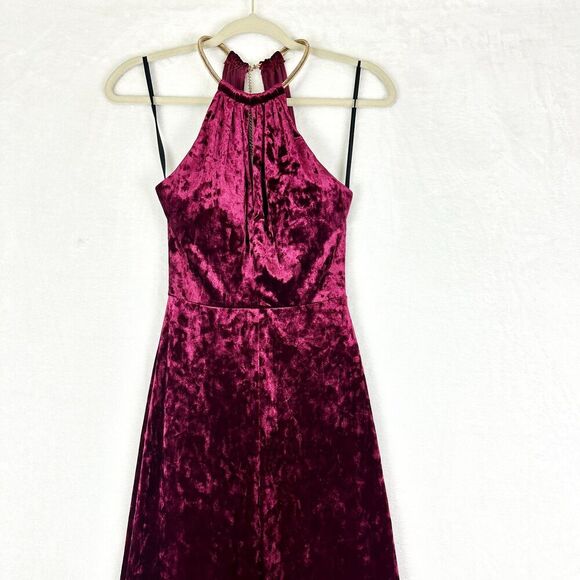 B Darlin Vingate Y2K Velvet Maxi Dress Size 1/2 Burgundy Open Back Thigh Slit - Picture 3 of 8